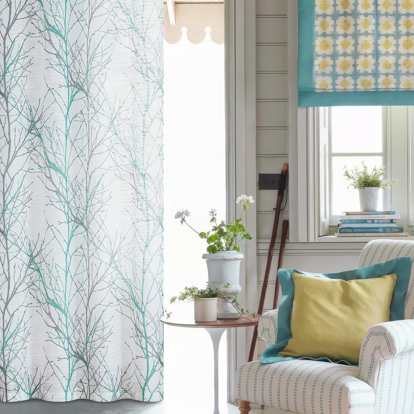 FMFUNCTEX Linen Semi Sheer Curtains for Bedroom, Auqa Blue White Curtains 84 Inches Long for Living Room, Grey Tree Branch Patterned Curtain Light Filtering Window Drapes, Grommet Top 2 Panels