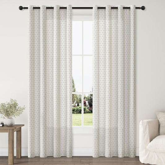 ChrisDowa Semi Sheer Linen Light Grey Curtains 84 Inches Long 2 Panels for Living Room Dining Room Vintage Plaid Jacquard Light Filtering Voile Grommet Window Treatments Drapes Privacy Assured,52X84