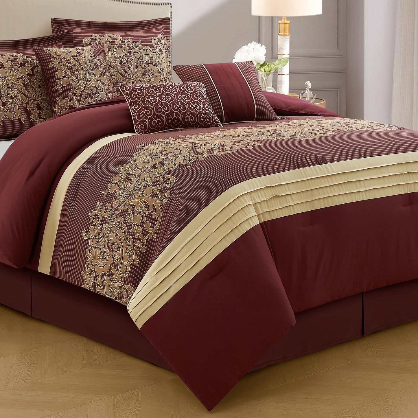 LANCO MODERN LIFESTYLE Red Gold Comforter Set, Queen, Damask Jacquard with Matching Solid Piece Work, 7 Piece Soft Bedding Set for All Season, Bed Skirt, Pillow Shams and Decorative Pillows