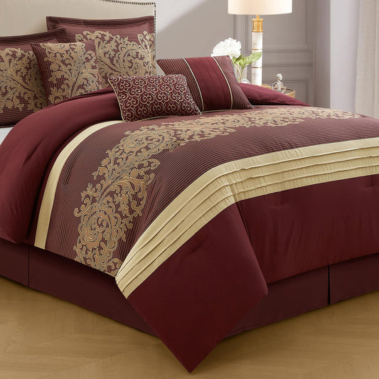 LANCO MODERN LIFESTYLE Red Gold Comforter Set, Queen, Damask Jacquard with Matching Solid Piece Work, 7 Piece Soft Bedding Set for All Season, Bed Skirt, Pillow Shams and Decorative Pillows