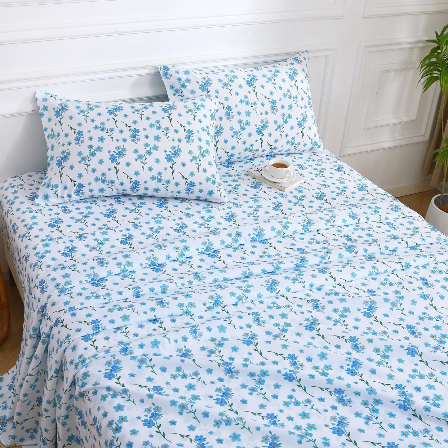 Viviland Floral Twin Sheet Set - 3 Piece Country Fresh Blue Flower Patterned Bed Sheets - Soft, Breathable Microfiber Sheets with Deep Pocket, Non-Slip Fitted Sheets & Pillowcases