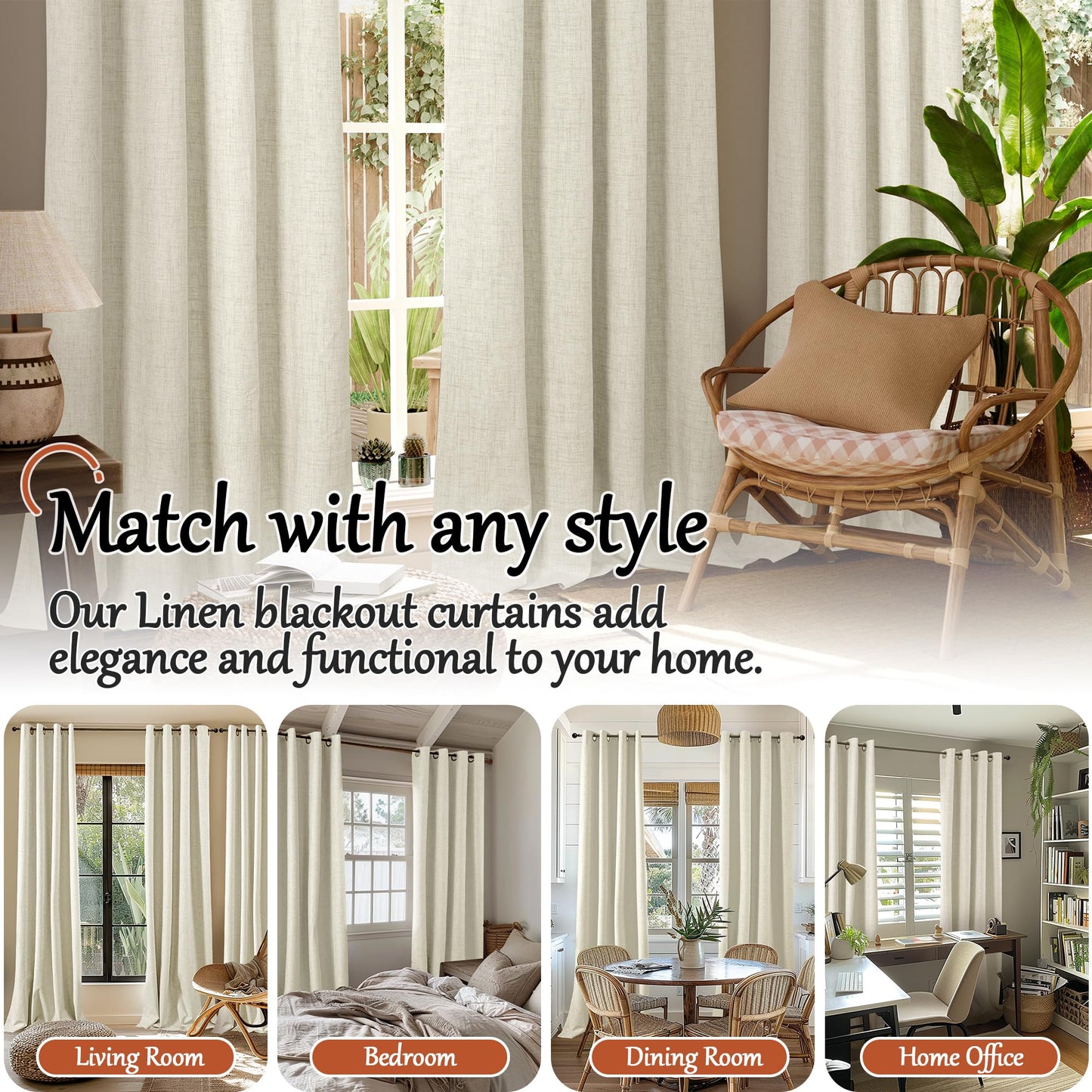 Lajode Blackout Curtains for Bedroom - Linen Black Out Curtains 84 Inch Long Thermal Insulated Burlap Grommet Window Drapes for Farmhouse Living Room Darkening, 2 Panels, Each 52" Wide, Natural Cream