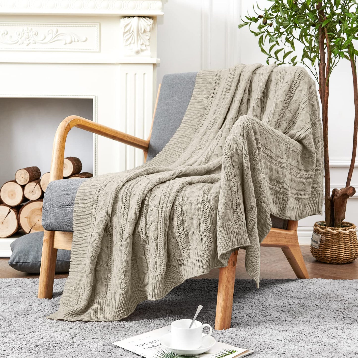 jinchan Cable Knit Throw Blanket for Couch Lightweight Soft Cozy Twin Size Throw Blanket Taupe Decorative Throws for Modern Farmhouse Living Room Bedroom 60"x80" Accent Throw for Gifts