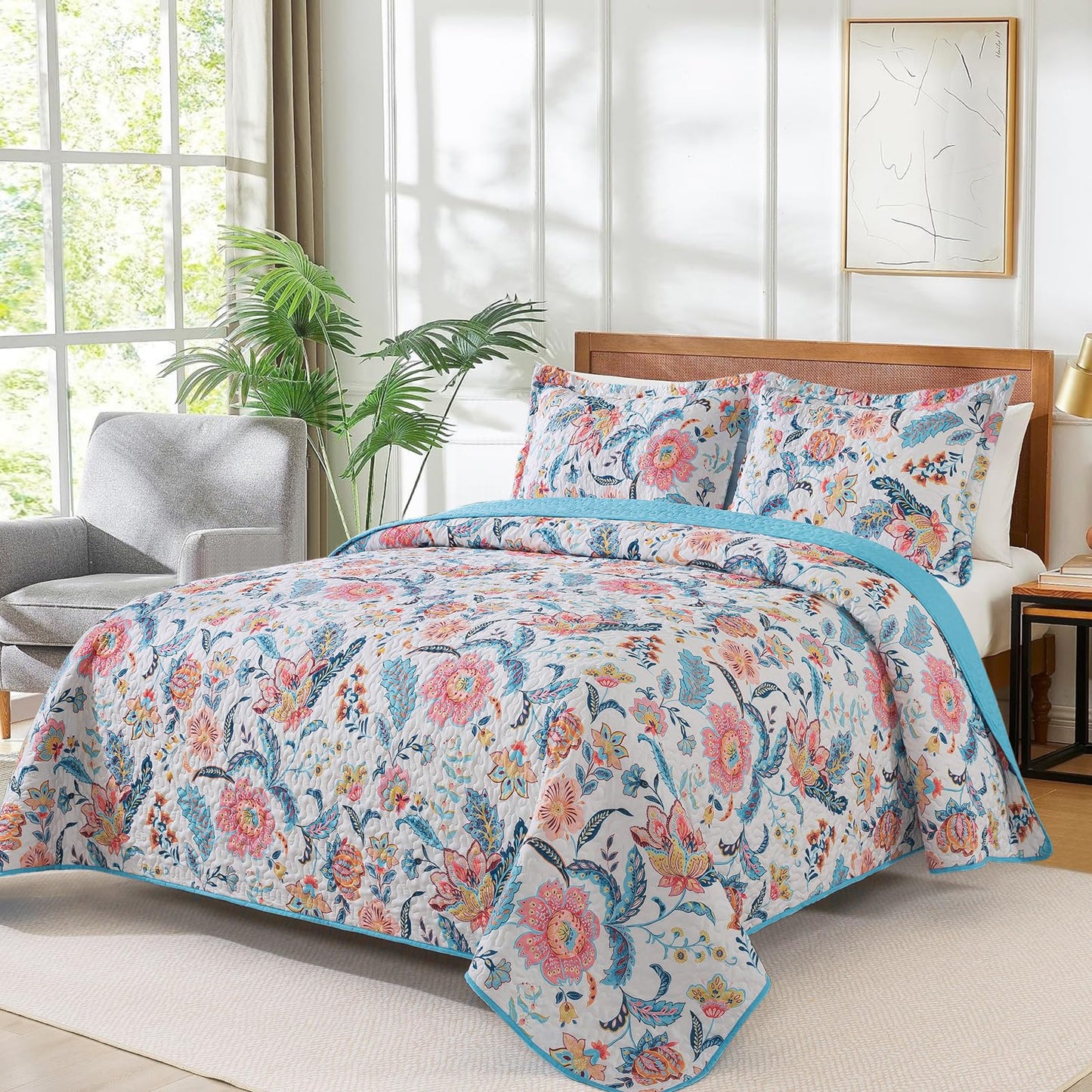 VAPUTAR Pink Queen Size Quilt Bedding Set for Adults - Farmhouse Queen Bedspread (90 x 98 inch) with 2 Pillow Shams - Lightweight Reversible Coverlet Quilt for Bedroom, 3 Pieces