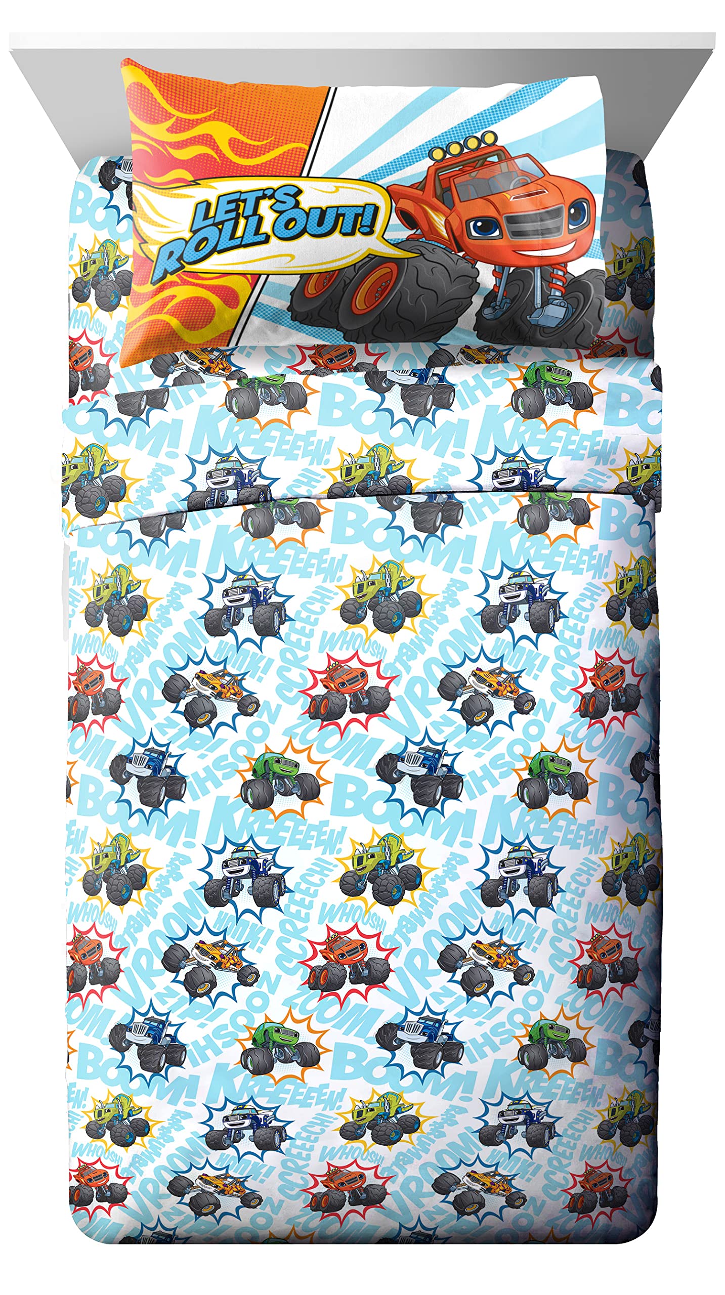 Jay Franco Blaze and the Monster Machines Off to The Races 4 Piece Toddler Size Bed Set – Super Soft Microfiber Bed Set Includes Size Comforter & Sheet Set (Official Blaze Product)