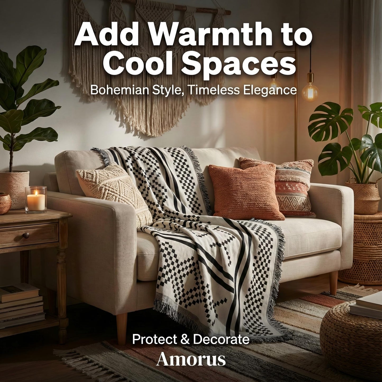 amorus Bohemian Throw Blankets,Throw Blanket Chenille Jacquard Tassels Soft Throws Cover for Couch, Bed,Outdoor Camping Picnic Car Travel Warm & Cozy for Seasons, Pattern II(63"*71")