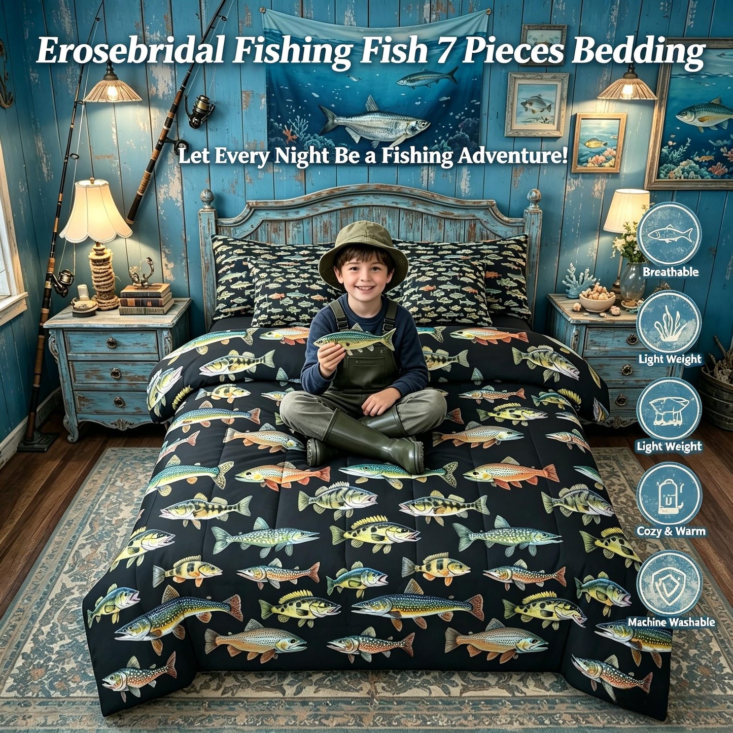 Erosebridal Kids Pike Fish 7 Pieces Comforter Set Full Size, Fishing and Hunting Bedding for Men Adults, Fishing Rustic Comforter Sets with Sheets, Animals Marine Life Bed Set Bed in a Bag