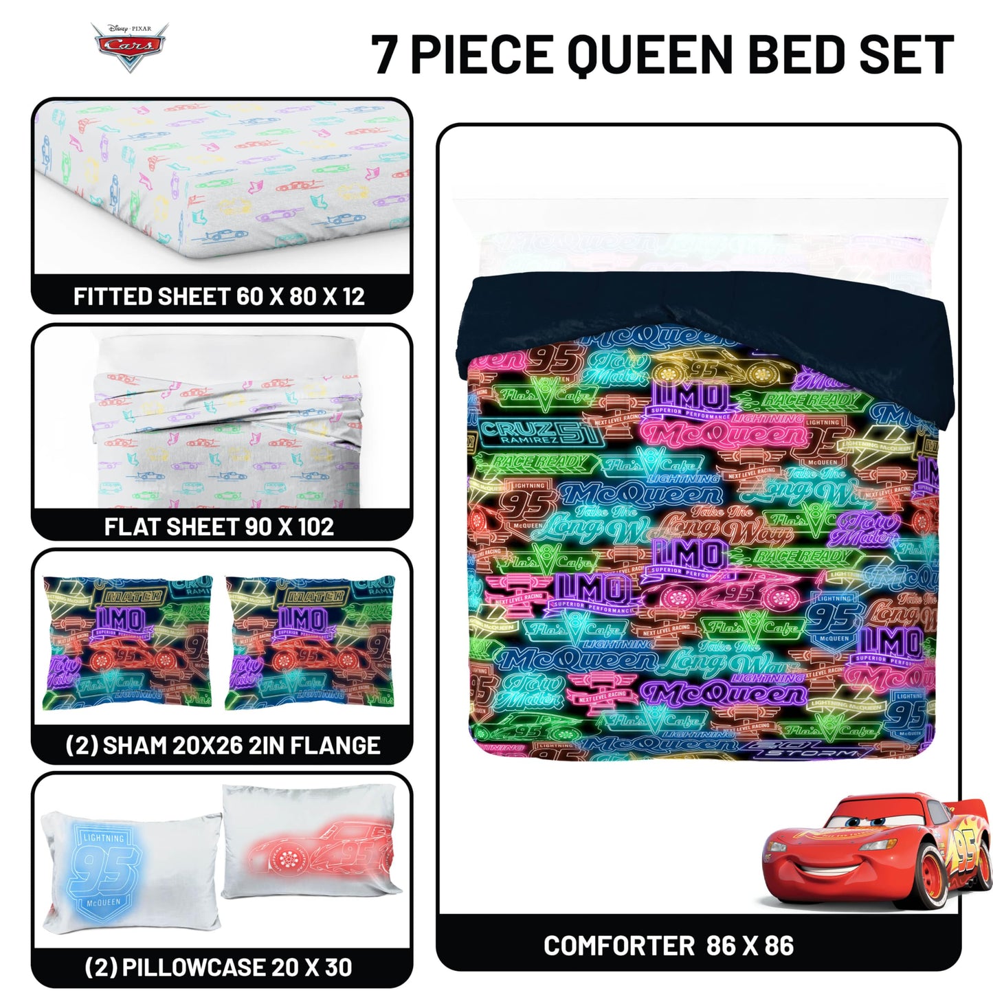 Jay Franco Kids Bed Set, Black, Cars, 7 Piece Queen