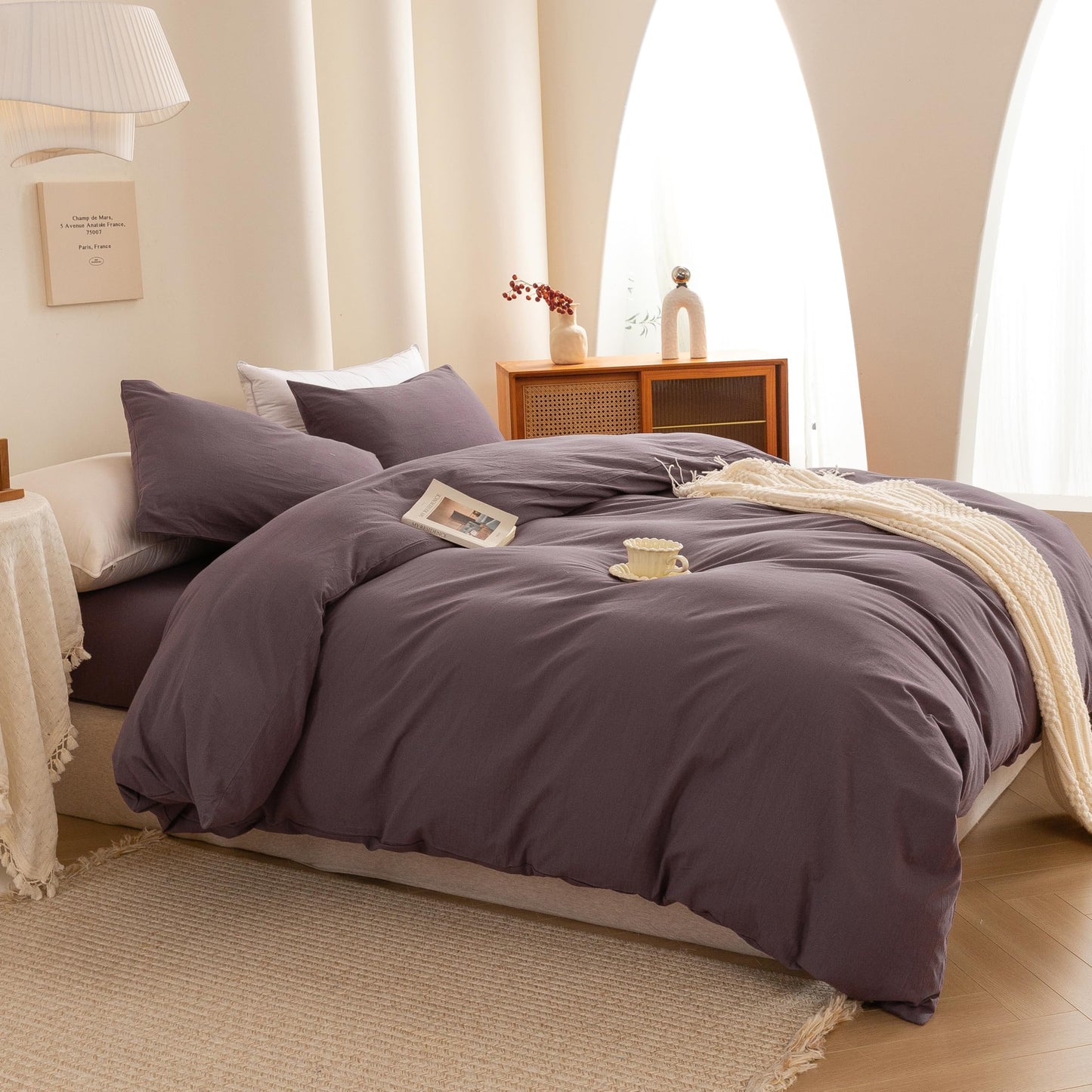 ECOCOTT Lilac Purple Duvet Cover Queen, 100% Washed Cotton 3 Piece Duvet Cover Sets 1 Duvet Cover with Zipper and 2 Pillowcases Bedding Set(Lilac Purple,Queen)