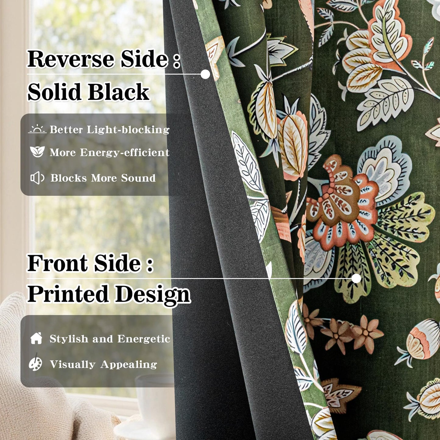 MYSKY HOME Green Boho Floral Blackout Living Room Curtains 84 inch Long Thermal Insulated Room Darkening Noise Reduce Cottage Curtains with Flower Bird Patterned Grommet Drapes, 2 Pcs, 52" Wide,