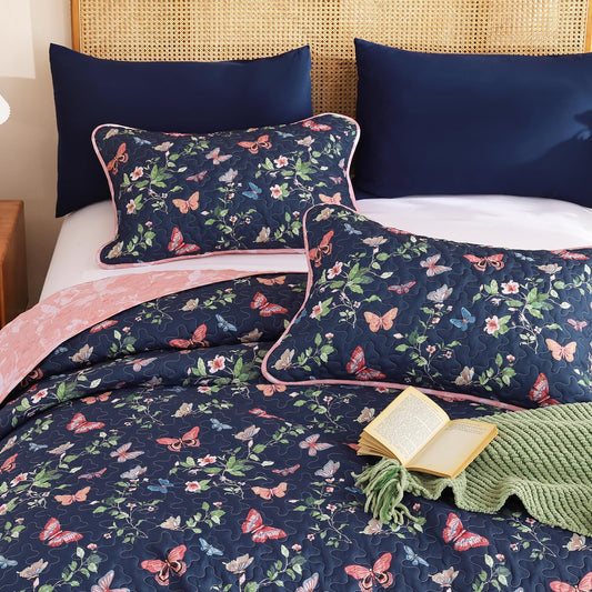Xruibed Floral Quilt Set Queen Size, 3 Pieces Navy Blue Bedspread Coverlet Set, Lightweight Coquette Cottagecore Shabby Chic Bedding Set for Women Teen Girls All Season(96"x90")
