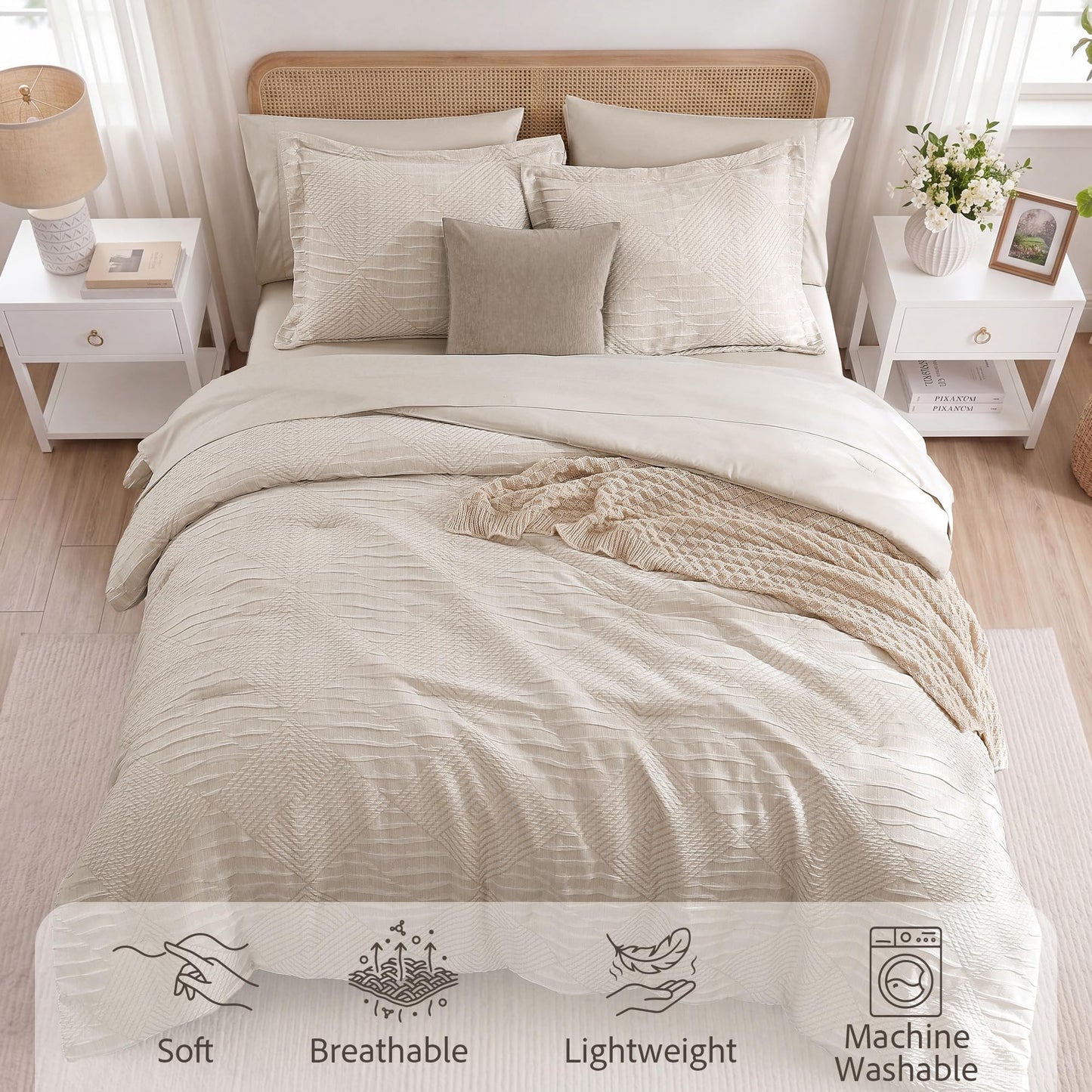 MaiRêve Queen Comforter Set Beige, Crinkle Textured Design Boho Bedding Set 7 Pieces Bed in A Bag, All Season Geometric Comforter Set with Sheets, Pillowcases & Shams