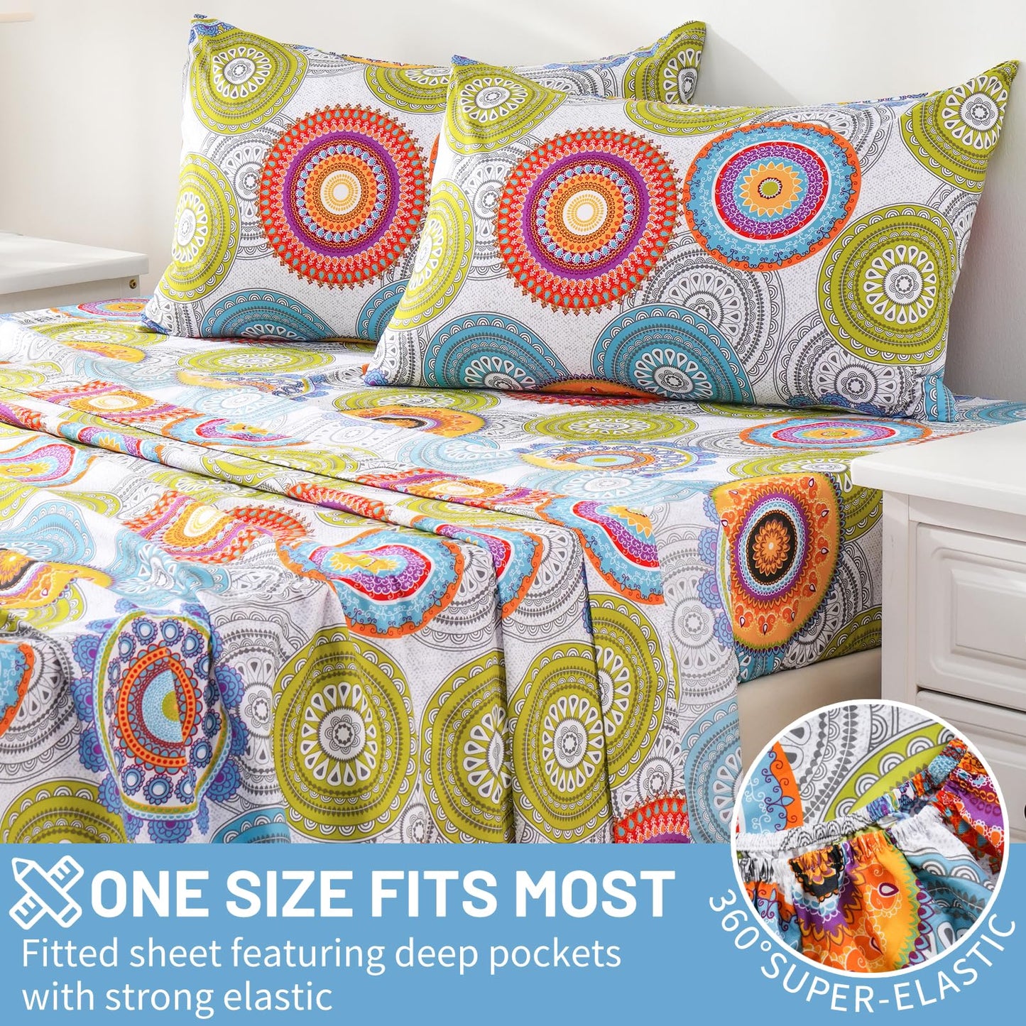 Bedlifes Queen Size Extra Deep Pocket Sheet Sets - Fits Mattresses Up to 18-24" Thick, 4-Piece Microfiber Set with 1800 Thread Count, Soft, Smooth, Breathable, Featuring Mandala Patterned