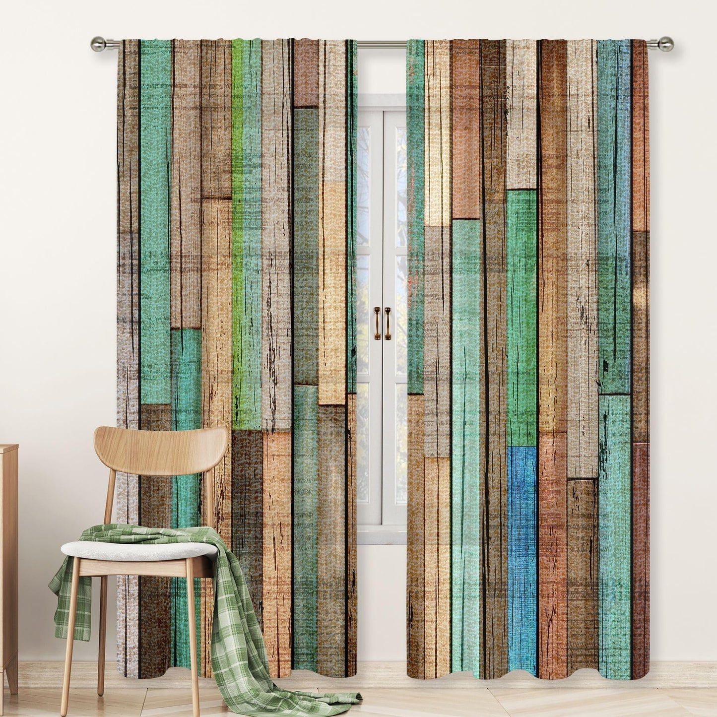 MESHELLY Farmhouse Teal Grey Barn Door Curtains 52Wx84H Inch Rod Pocket Rustic Wood Western Vintage Rural Green Wooden Plank Cabin Bedroom Window Drapes Country Printed Living Room Window Treatment