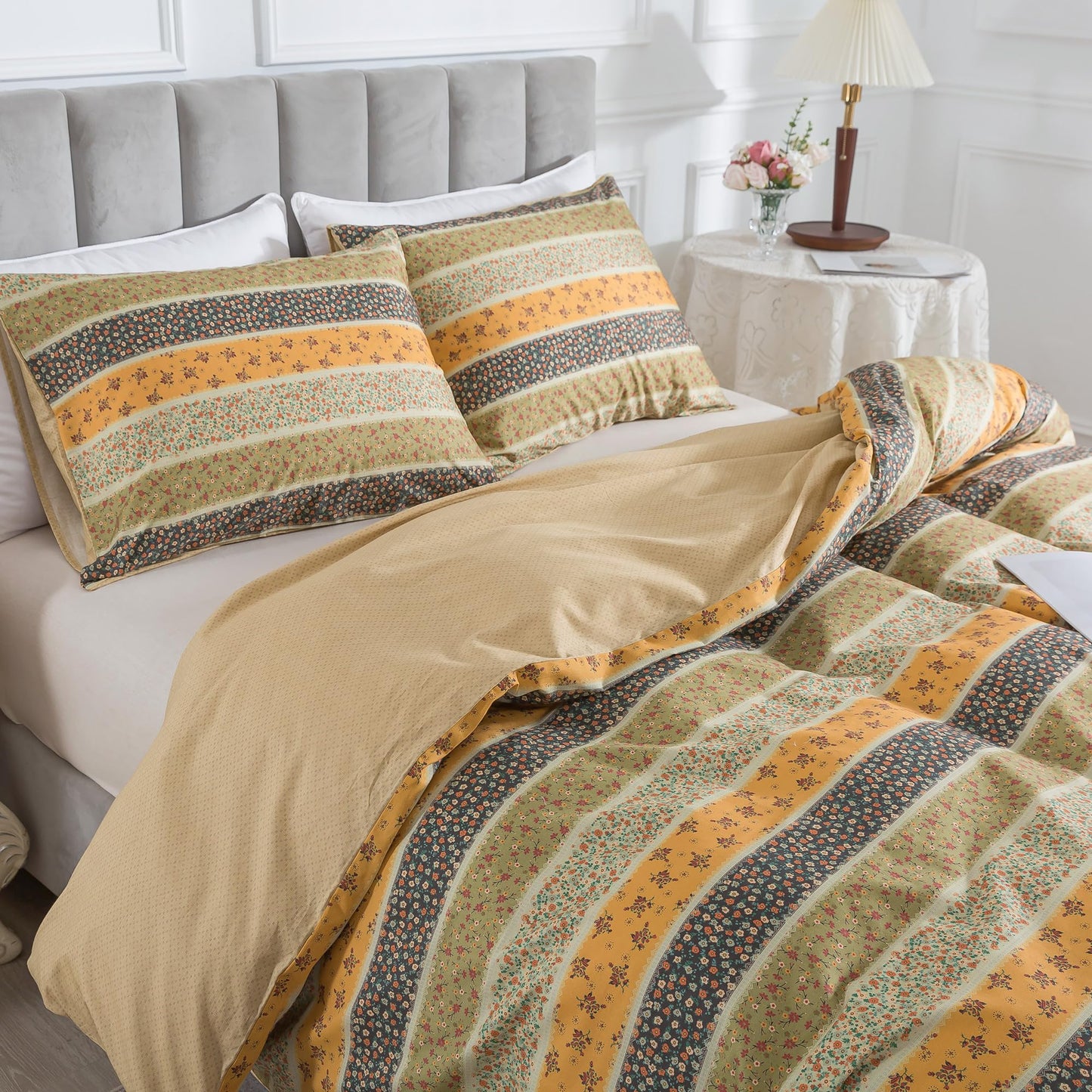 HoneiLife Floral Duvet Cover King - 100% Cotton Comforter Cover, Soft & Breathable Bed Linen Sets 3-Piece, All Season Comforter Cover Sets for King Bed