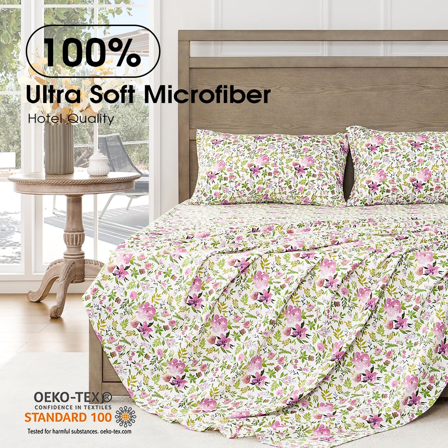 FreshCulture Floral Bed Sheets - Ultra Soft King Size Sheets Set - Brushed Microfiber Floral Sheets - Deep Pockets - Easy Care - Hotel Luxury 4 Piece Flower Printed Sheets King, Aquarelle