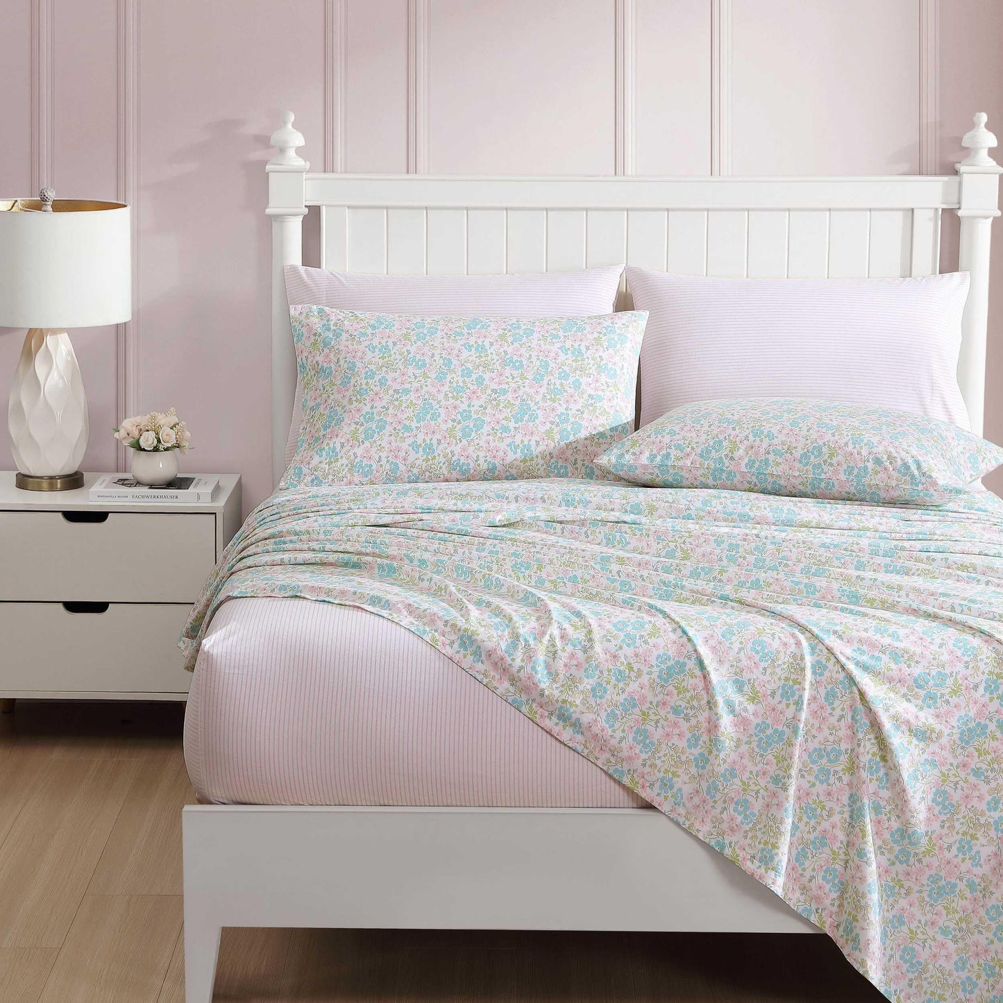 Laura Ashley - Sheet Set, Super Soft Bedding Set with Deep Pocket, Includes Matching Bonus Pillowcases, Coquette Room Decor (Jaynie Pink, King)