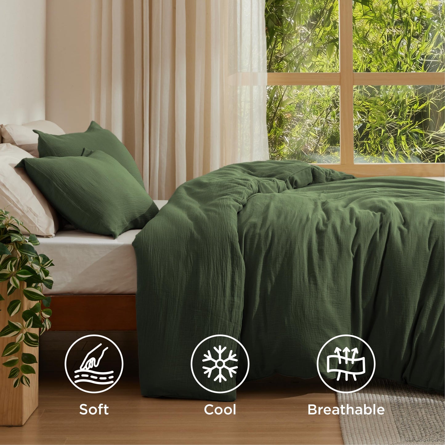 Bedsure Muslin Duvet Cover King Size - Cotton Blend Viscose Derived from Bamboo, Cooling Duvet Cover, PureWoven Ultra-Soft & Breathable Bedding Set for All Seasons (Olive Green, 104"x90")