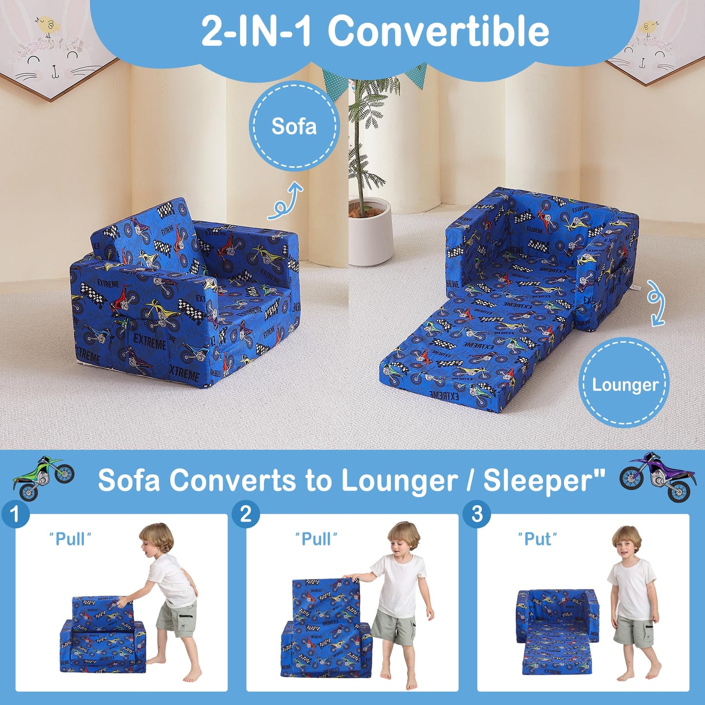 lasoftan Toddler Couch, 2-in-1 Soft Kids Couch Bed Fold Out, Toddler Chairs Comfy for Boys & Girls, Convertible Kids Sofa to Lounge for Playroom, Gift for Birthday, Children's Day - Blue Motorcycle