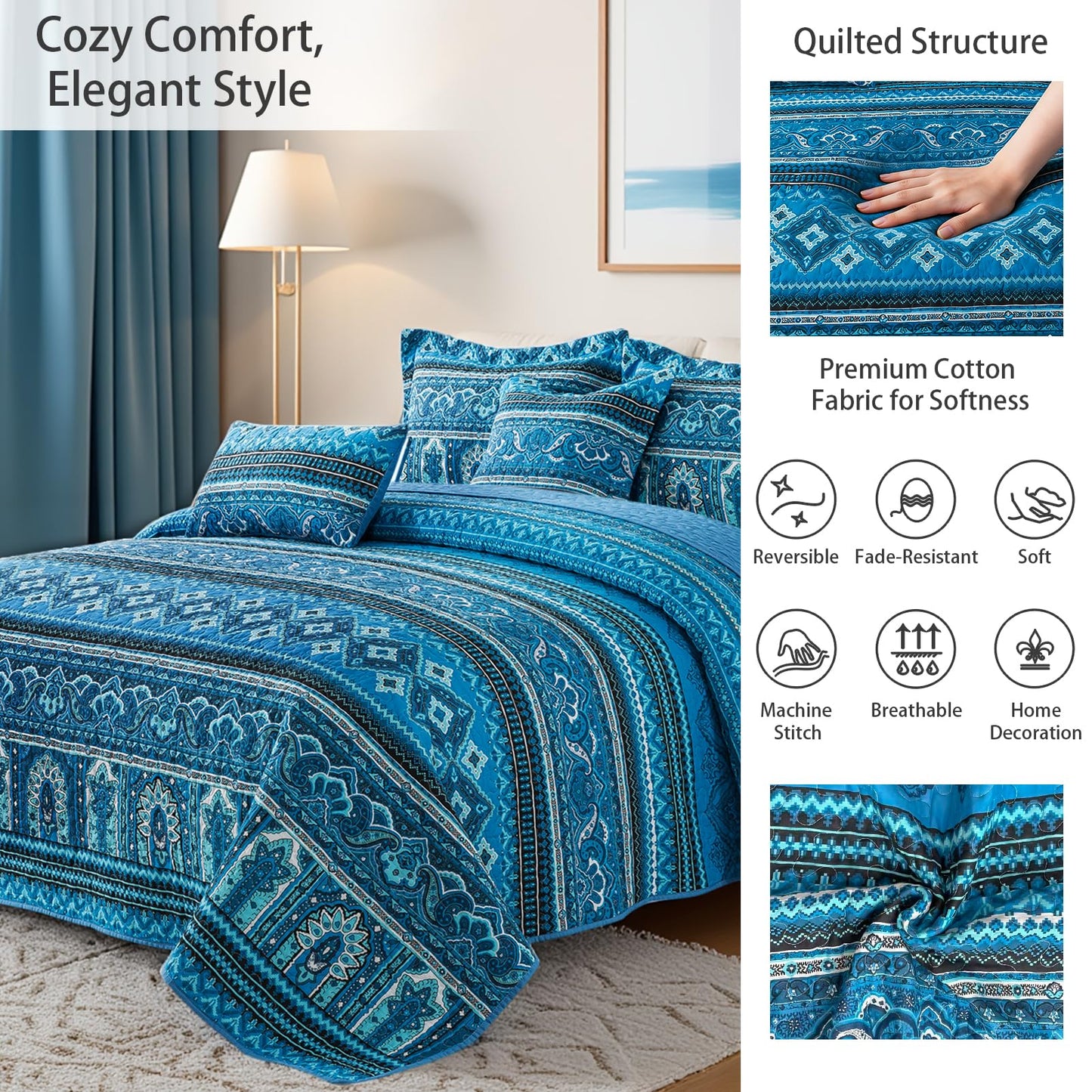TWINRUN Cotton Quilts Queen Size, 3 Pieces Queen Quilt Bedding Set (90 x 98 Inch), Lightweight Boho Quilts Queen Size for Bed, Blue Stripes Bedspreads for All Seasons, Machine Wash
