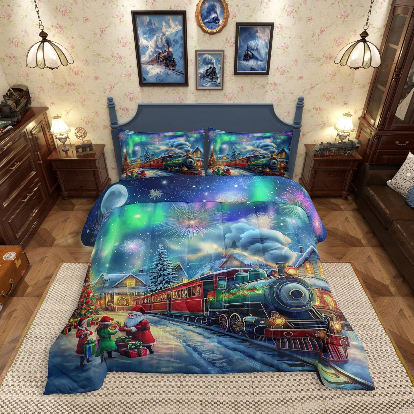 Erosebridal Aurora Train Twin Comforter Set,Steam Train Bedding Set Xmas Gifts for Boys Girls Kids,Christmas Tree Santa Claus Quilt Bed Set Winter Scene Bed Comforter Set 2Pcs Bedroom Decor