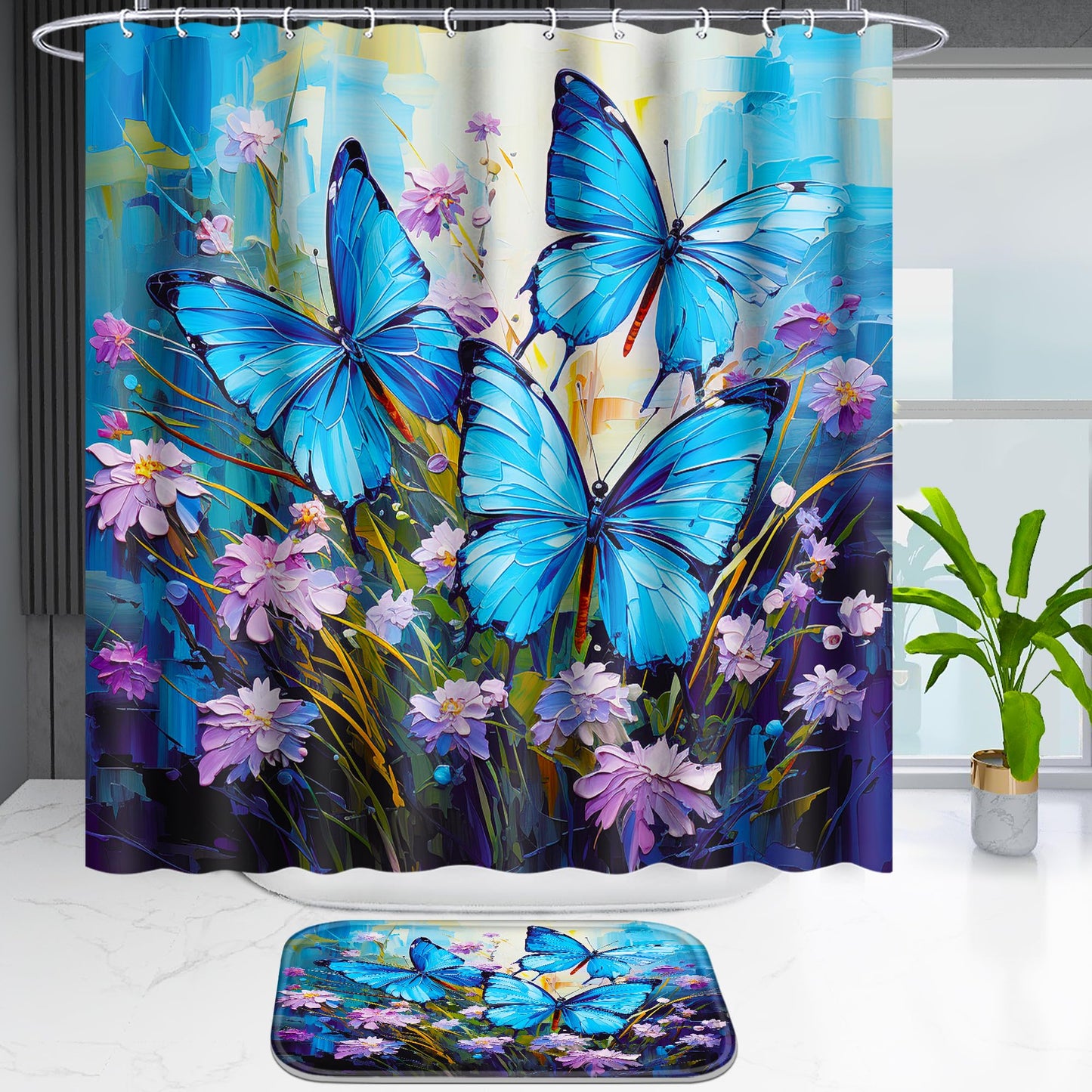Poedist 4-Piece Blue Butterfly Bathroom Set with Non-Slip Rug, Toilet Seat and Floor Mat (with 12 Hooks), Floral Shower Curtain Set, Bathroom Set with Rug and Accessories
