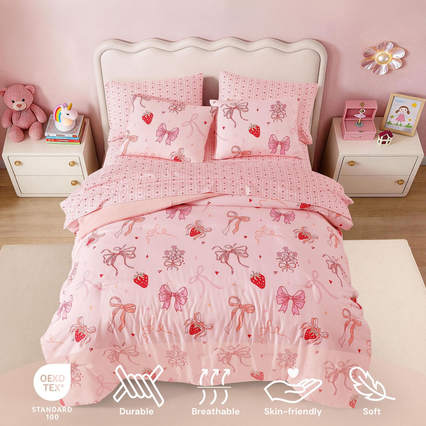 BLOOMHAVEN Twin XL Comforter Set for Girls, 5 Pieces Pink Bedding Set with Strawberry Bow, All Seasons Kids Twin Comforter Set with Sheets, Pillowcase & Sham