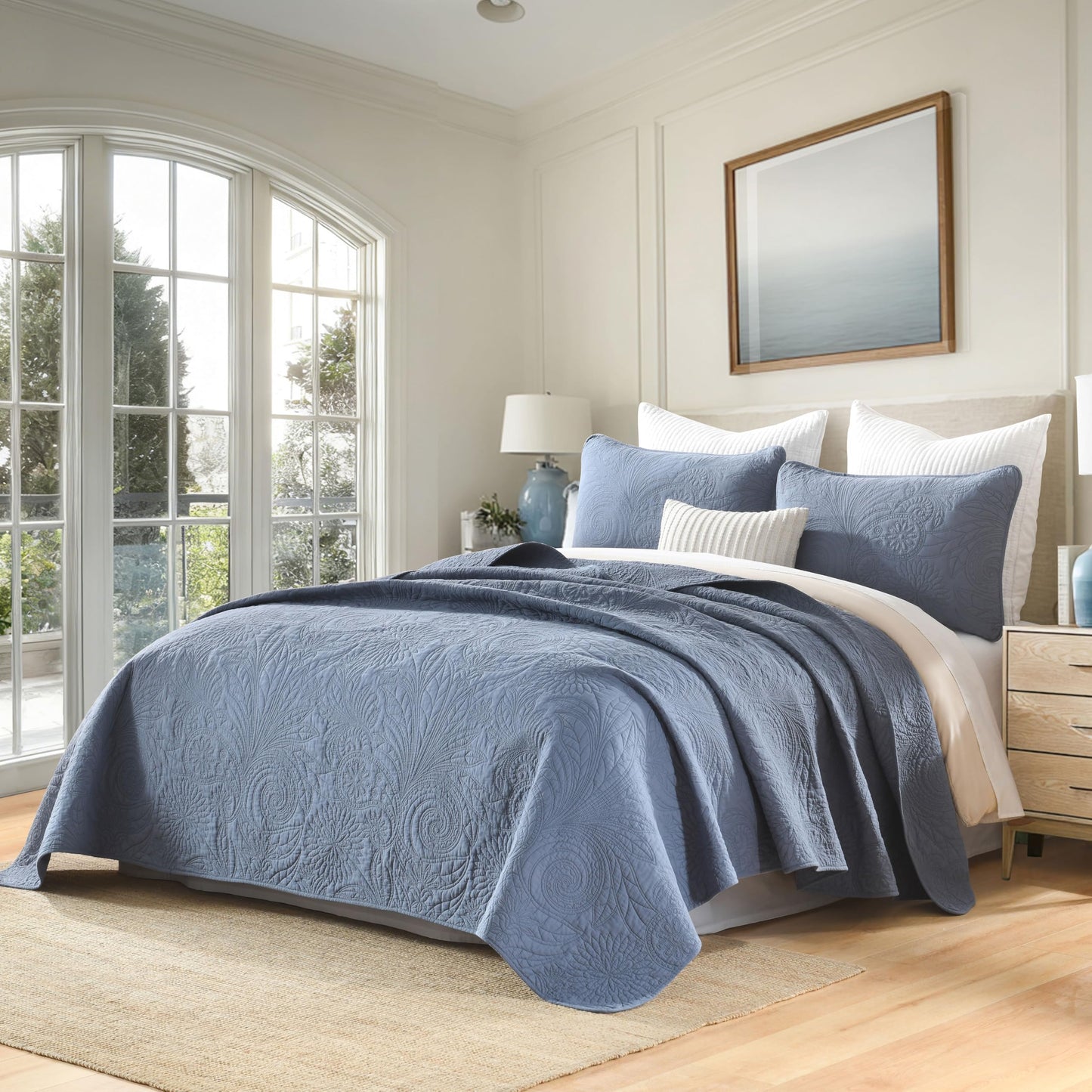 AJOCCI Cotton Queen Size Comforter Set，Solid Quilt Set Retro Blue Bedding，Paisley Bedspreads，Soft Cotton Quilt Solid Color Lightweight Bedspread All Seasons 3 Piece