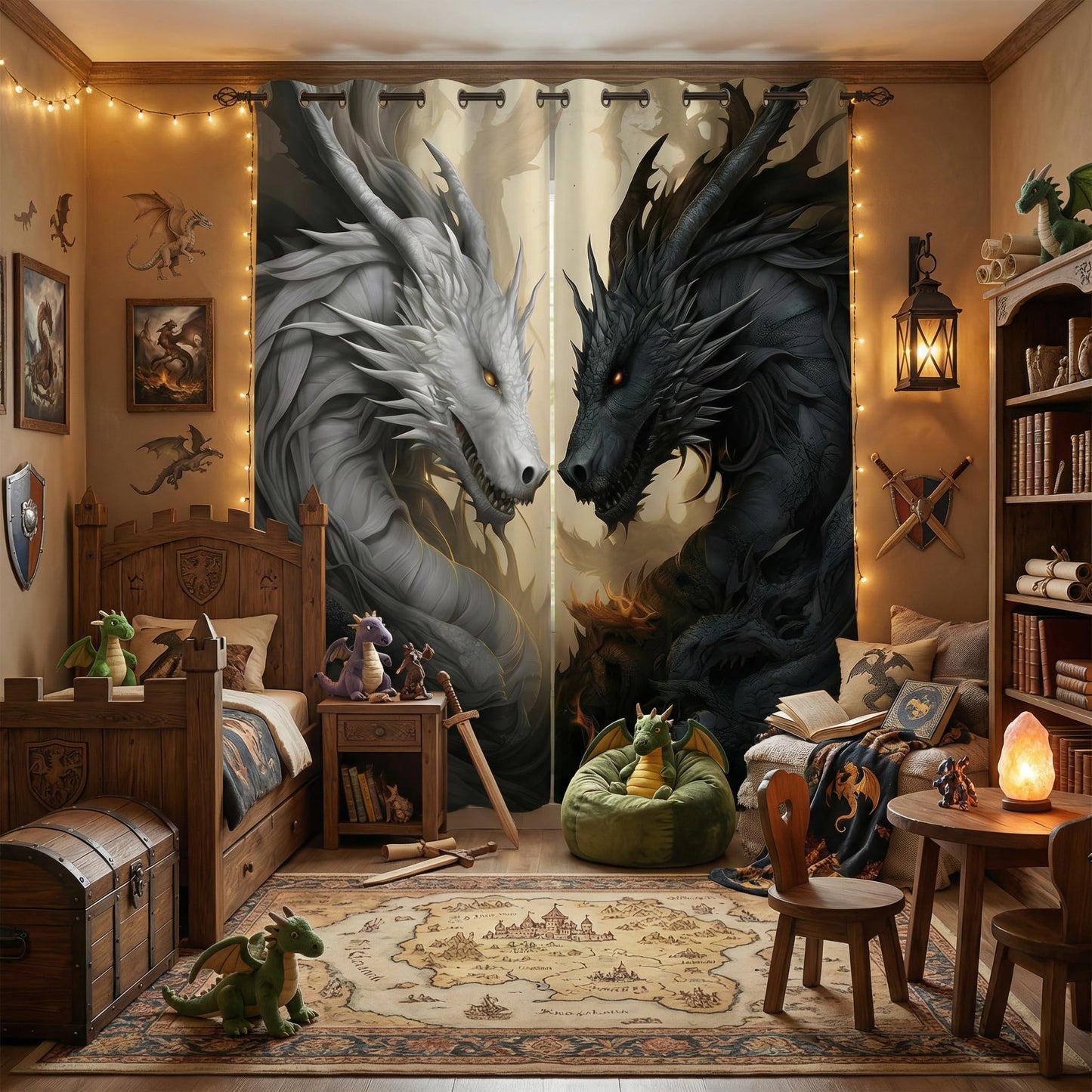 Dragon Blackout Curtains for Girls Boy Home Decor, Fantasy Medieval Magical Black White Dragon Grommet Thermal Insulated Drapes Darkening Window Curtain for Bedroom Living Room, 42 x 45 Inch