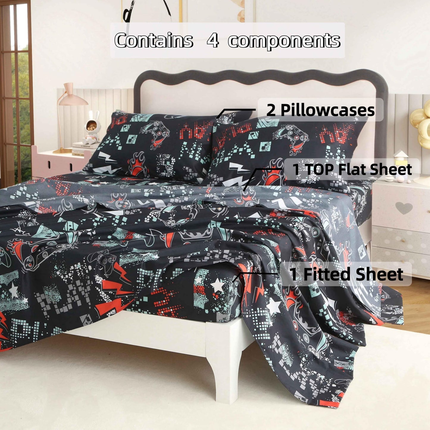 SDY 4 Pieces Game Sheet Sets Queen Size,Great Cartoon Microfiber Bed Sheets Sets,for Boys, Girls, Kids and Toddler, Bed in A Bag Packaged with 1 Fitted Sheet+ 1 Top Flat Sheet + 2 Pillowcases