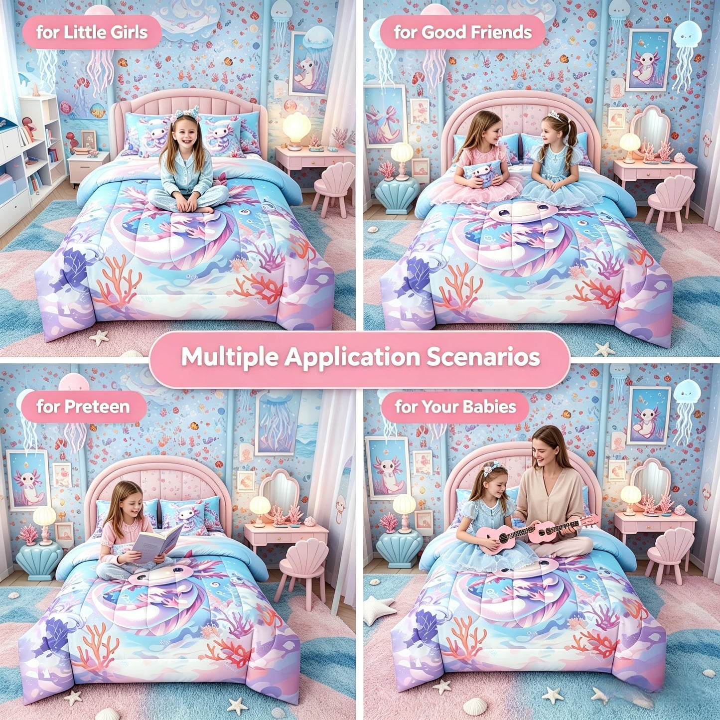 Erosebridal 7 Pieces Teen Girl Axolotl Bedding Set Queen Size - Kids Cute Axolotl Comforter Set with Sheets Cartoon Ocean Sealife Bed in A Bag with Flat Fitted Sheets Kawaii Salamander Bed Sets