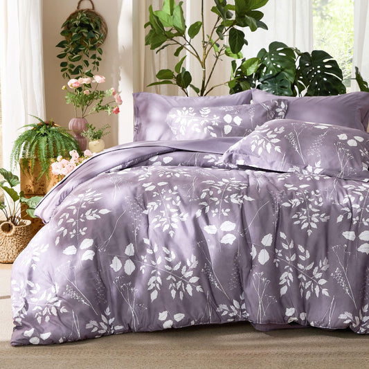 Bedsure Grayish Purple Queen Comforter Set - 7 Pieces Floral Bedding Sets Queen Bed in a Bag with Reversible Botanical Flowers Comforter, Sheets, Pillowcases & Shams