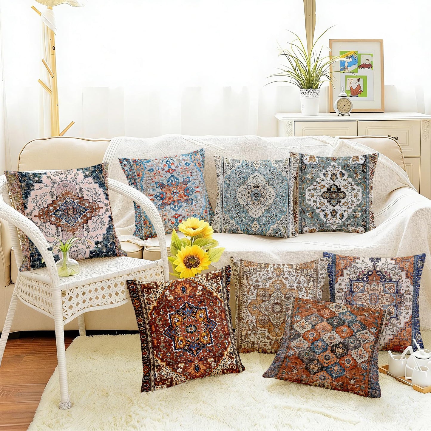 ZSYTZL Boho Throw Pillow Covers 18x18 inch Set of 2,Linen Bohemia Carpet Pattern Decorative Living Room Sofa Bed Square Pillow Case Cushion Cover-Orange Brown
