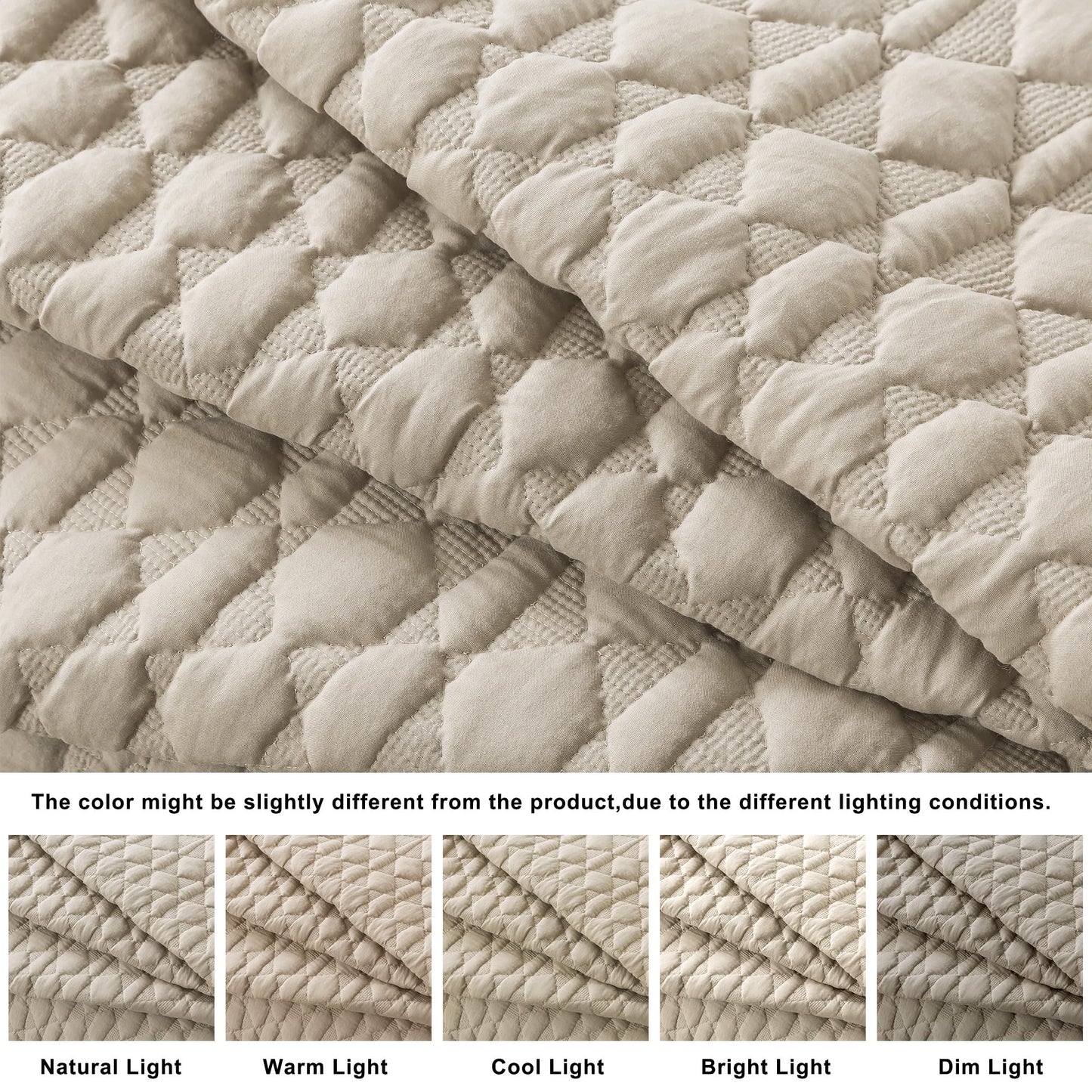 Beige Quilt King Size Bedding Sets with Pillow Shams, Lightweight Soft Bedspread Coverlet, Quilted Blanket Thin Comforter Bed Cover, All Season Summer Spring, Tan Cream, 3 Pieces, 104x90 inches