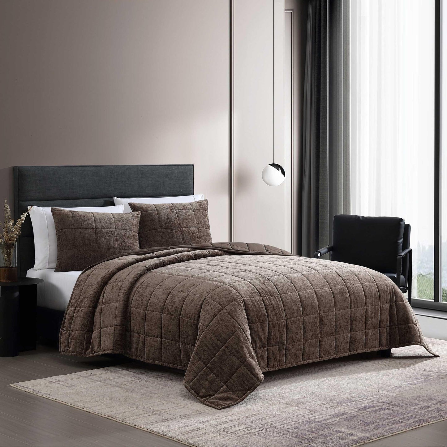 Vera Wang - Queen Quilt Set, Super Soft Bedding Set with Matching Shams, Modern Room Essentials (Chenille Box Solid Chocolate Brown, Queen)