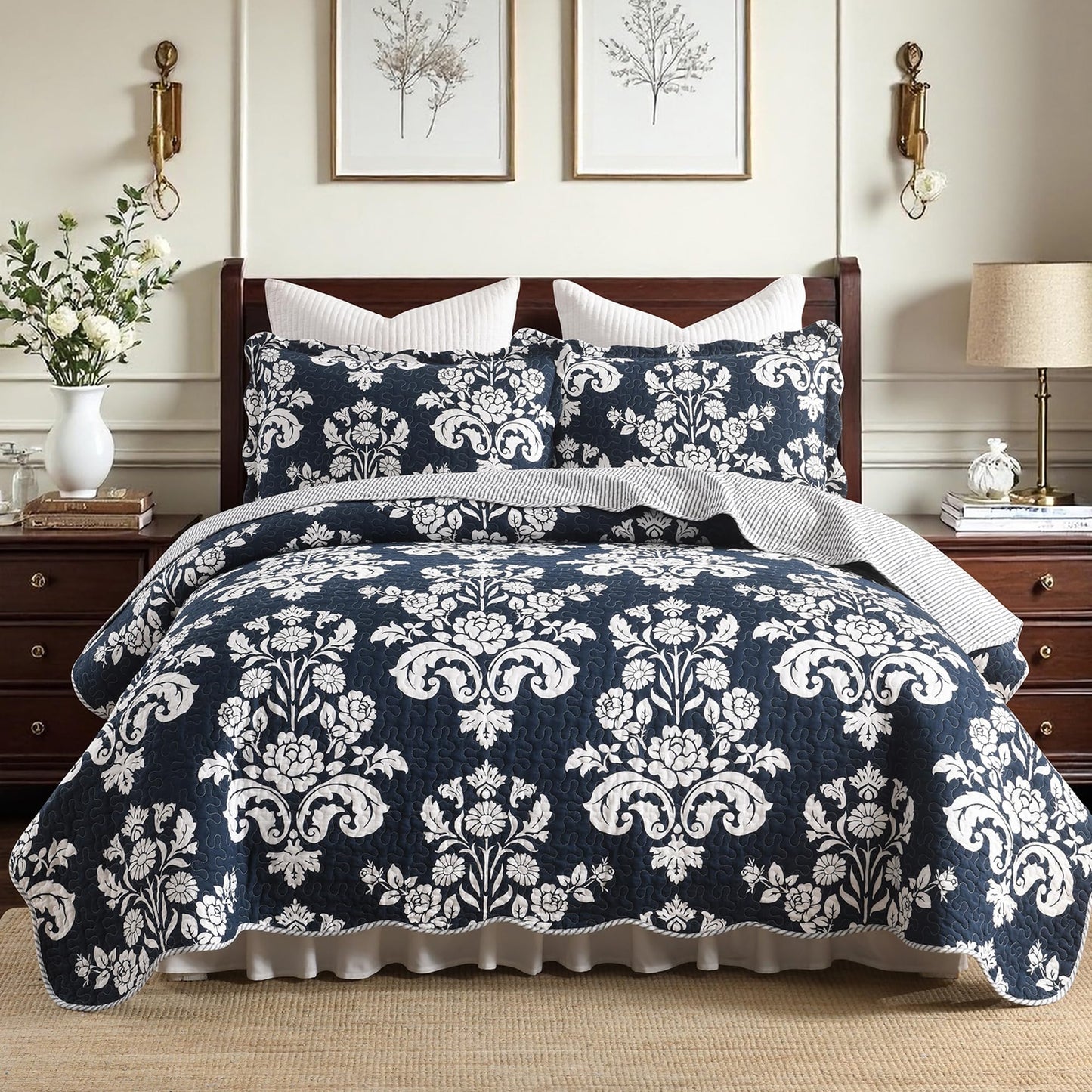 BCOTTOND Navy Blue Quilt Set King Size, 100% Cotton Reversible Farmhouse Quilt with Elegant Botanical Floral Pattern, Scalloped Edge Bedspread Coverlet, Lightweight All Season Bedding Set with 2 Shams