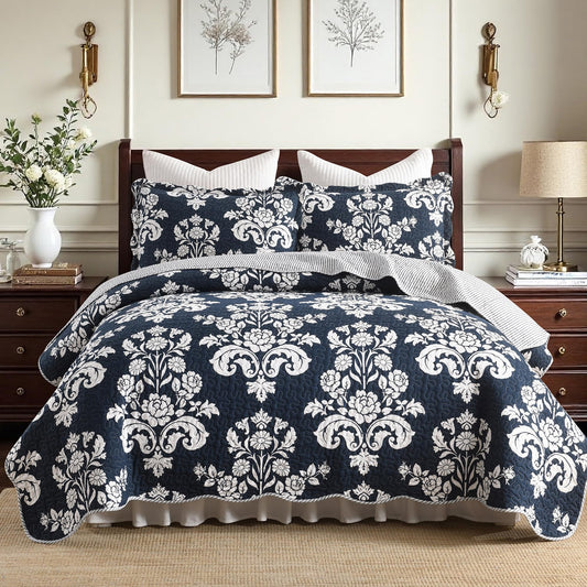 BCOTTOND Navy Blue Quilt Set King Size, 100% Cotton Reversible Farmhouse Quilt with Elegant Botanical Floral Pattern, Scalloped Edge Bedspread Coverlet, Lightweight All Season Bedding Set with 2 Shams