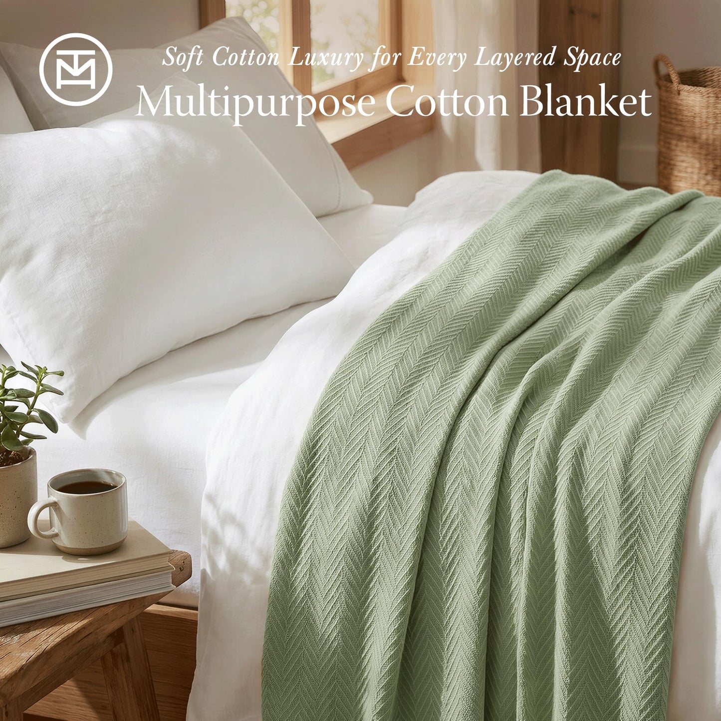Threadmill Luxury Cotton King Size Blanket | All-Season Cozy Cotton Blankets for King Size Bed | Herringbone Soft Fall Thermal Blanket fits California King Size Bed 106 x 92 | Sage Green