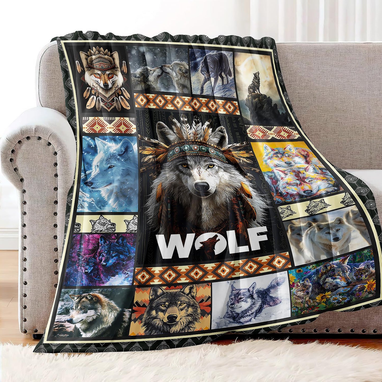 XSMEI Wolf Throw Blanket, Wild Animal Tribal Design, Soft Cozy Fleece Blanket for Couch Bed, 60 x 80 Inches