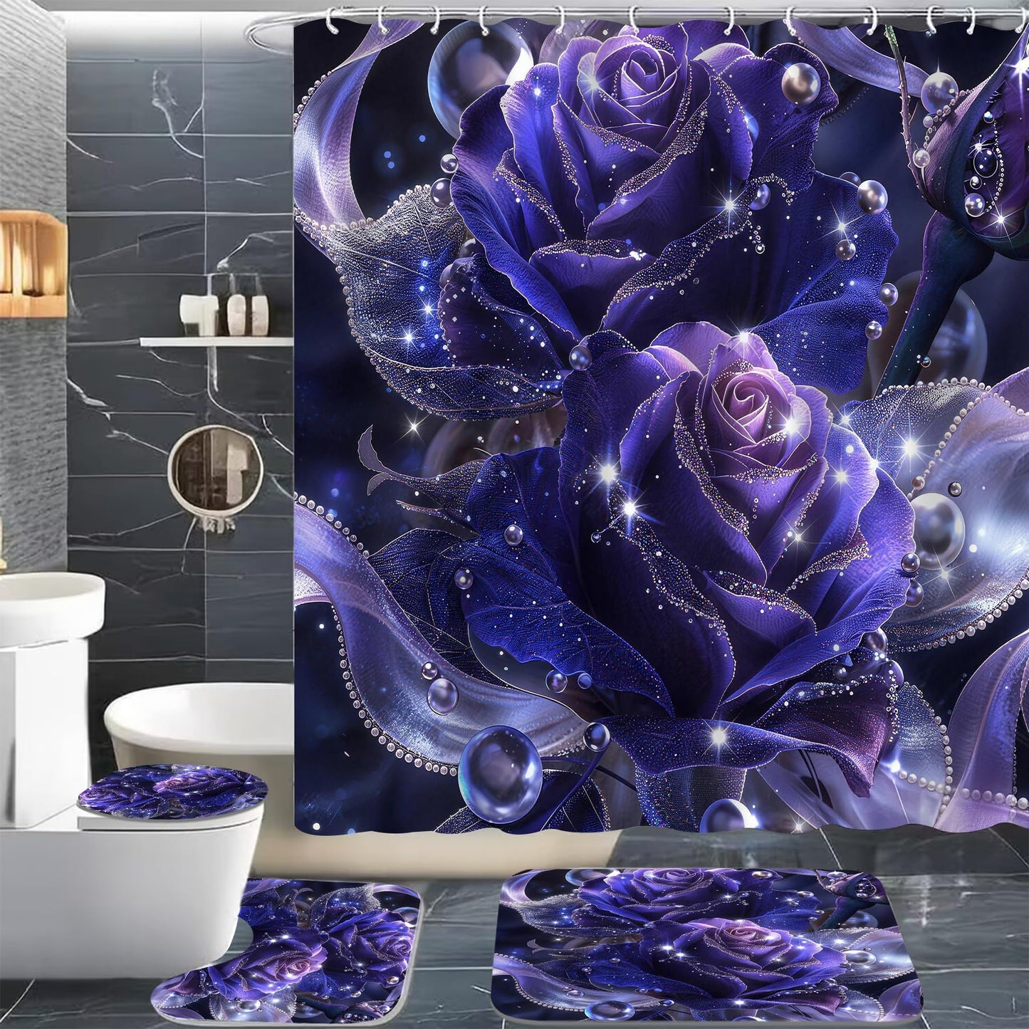 Yddsky 4 PCS Purple Rose Shower Curtain Sets,Black Bathroom Set with Modern Bathroom Curtains Shower Set with Toilet Lid Cover for Women Bathroom Decor Accessories