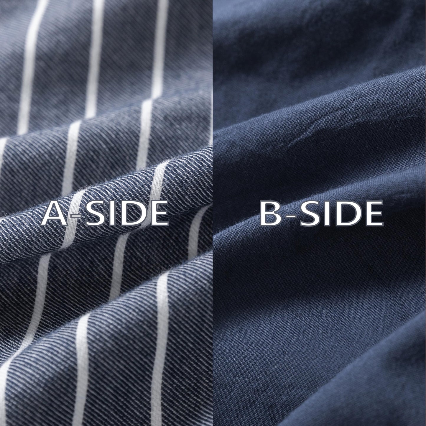 Warm Moment Reversible Duvet Cover Set 100% Washed Cotton Blue Stripe Linen Feel Duvet Cover Queen Size with Zipper Closure & 2 Pillow Shams,Navy/White Stripe Reverse Solid Navy