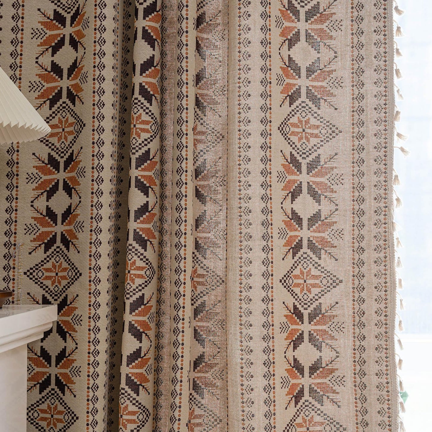 Boho Western Curtains 84 Inch Length 2 Panels Geometric Patterned Drapes Bohemian Semi Sheer Rod Pocket Tassel Window Curtain Panels Bedroom Living Room Farmhouse Coffee Brown Vintage Rustic Curtains