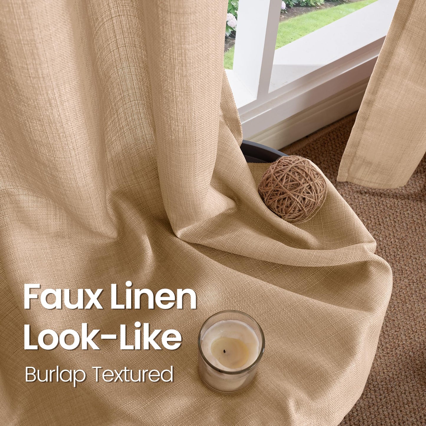 BGment Tan Curtains 84 Inch - Linen Burlap Texture Light Filtering Semi Sheer Boho Farmhouse Window Panels for Living Room, Set of 2, 52" Wide