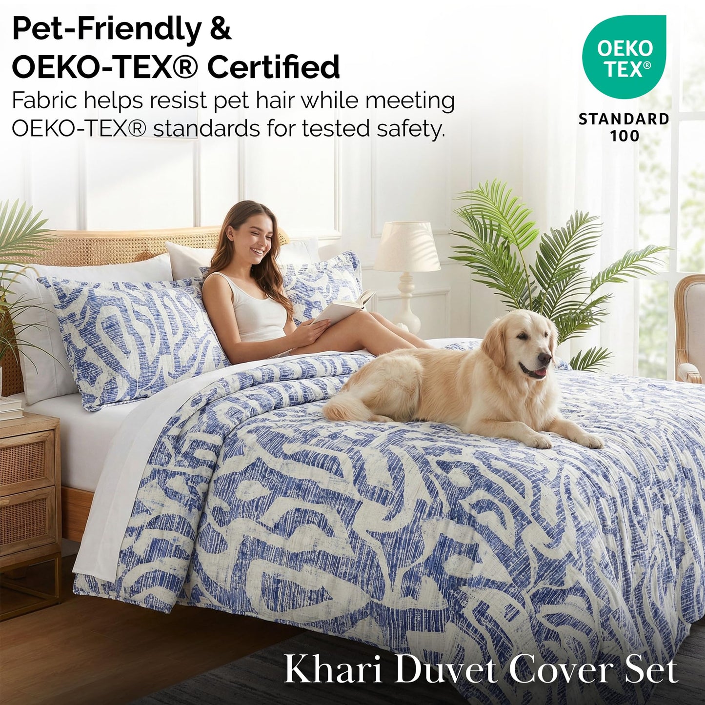 Southshore Fine Living, Inc. Oversized California King Duvet Cover Set - Printed Blue Duvet Cover King Size - Pet Hair Resistant Bedding, Fade Resistant, Zipper Closure - 2 Pillow Shams - Khari Blue