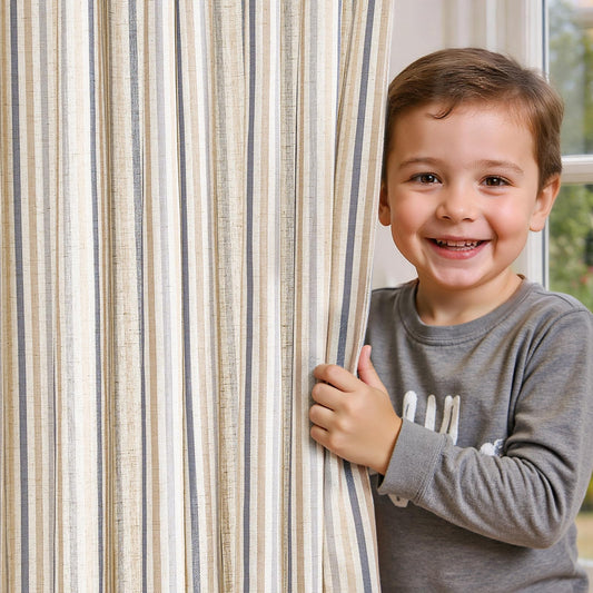 jinchan Colorful Linen Curtains for Nursery Living Room Multi Blue on Beige Striped Curtains for Bedroom Cute Ticking Stripe Farmhouse Baby Boys Kids Room Light Filtering Grommet 2 Panels 84 inch