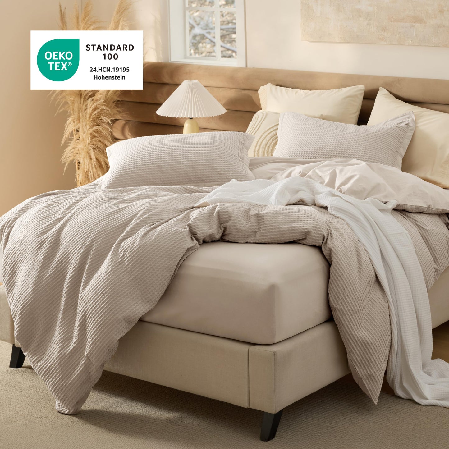 Bedsure 100% Cotton Duvet Cover Queen Size with Fitted Sheet - 4 Pieces Linen Waffle Weave Duvet Covers, PureWowen Breathable Bedding Set, 1 Duvet Cover 90x90, 1 Fitted Sheet, 2 Pillow Shams