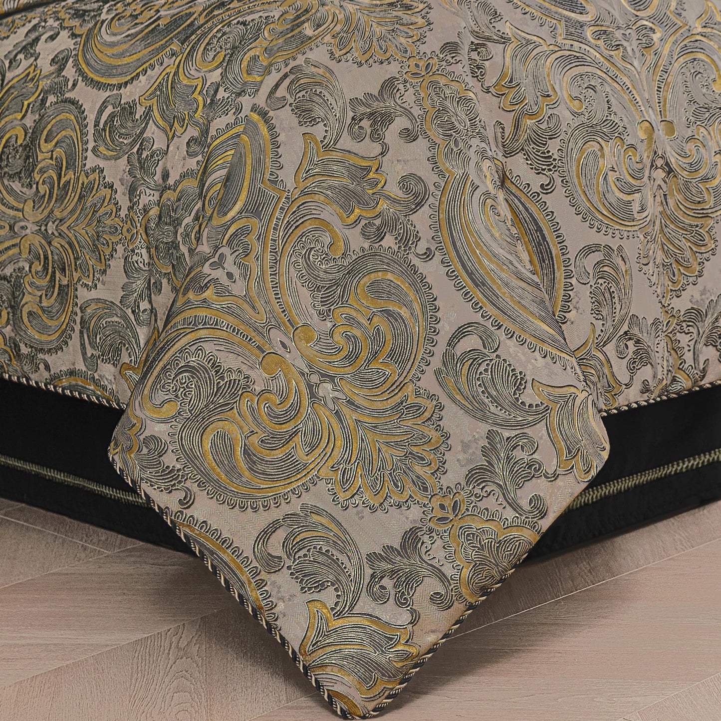 Loom and Mill 9-Piece Luxury King Size Comforter Set, European Damask Comforter Sets, Jacquard Bedding Sets with Euro Shams, Bedskirt, Filled Decorative Pillows(Taupe+Gold+Gray,King)