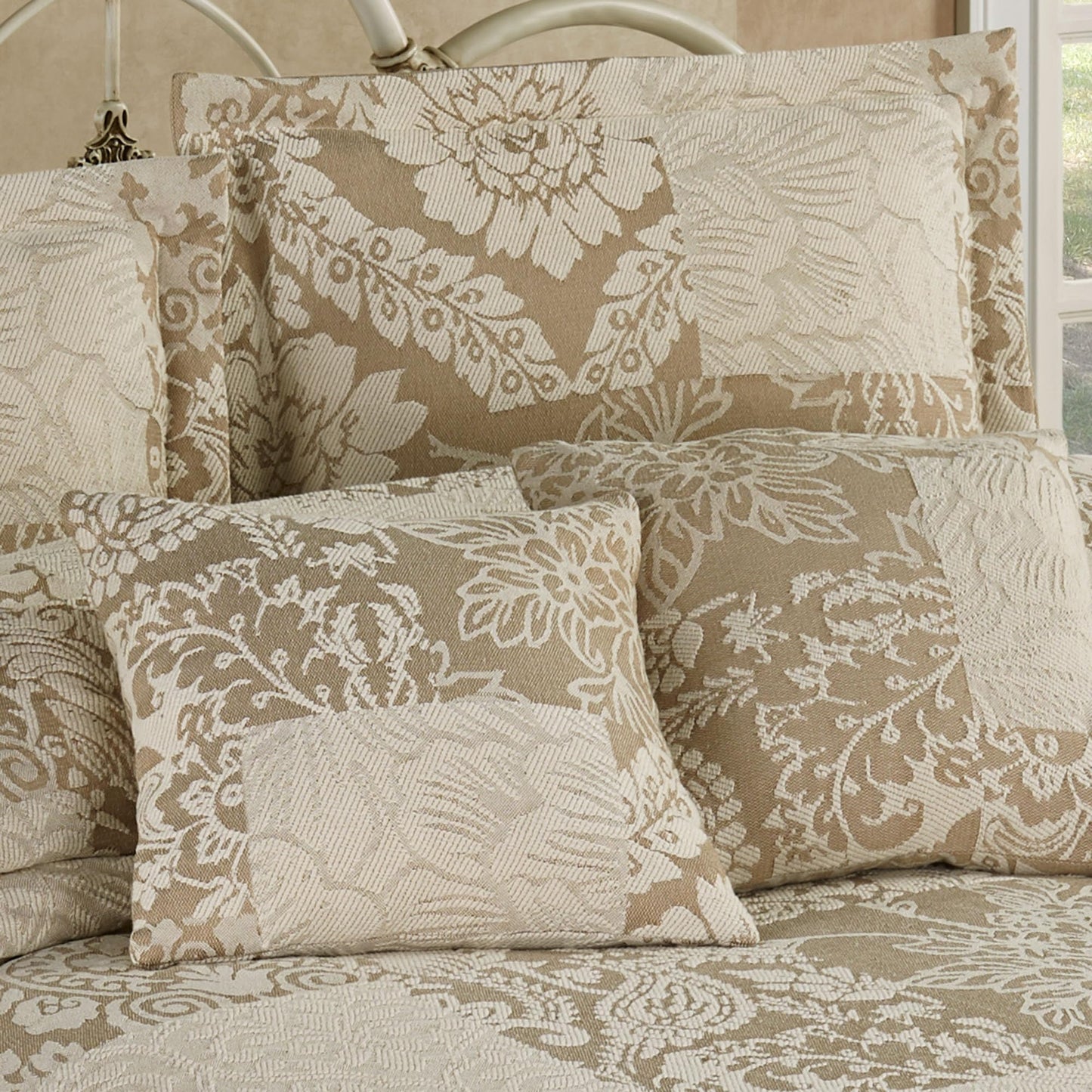 Maisonette Lightweight Bedding | Ivory & Neutral Taupe | Jacquard-Woven Cotton/Polyester Florals & Paisley Blocks | 5 Piece Bed Set: California King Bedspread, 2 King Shams, & 2 Square Accent Pillows