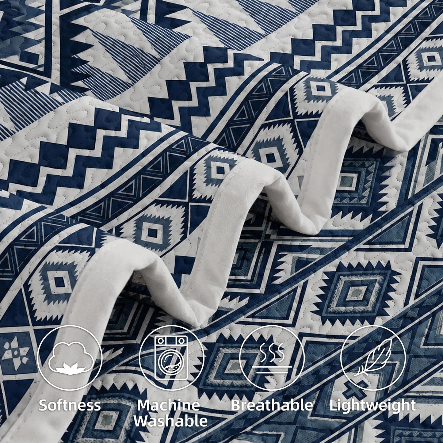 akkialla Reversible Blue Boho Queen Quilt Set, 2-Piece Bohemian Aztec Microfiber Bedspread, Soft Lightweight All-Season Coverlet (1 Quilt, 2 Shams)