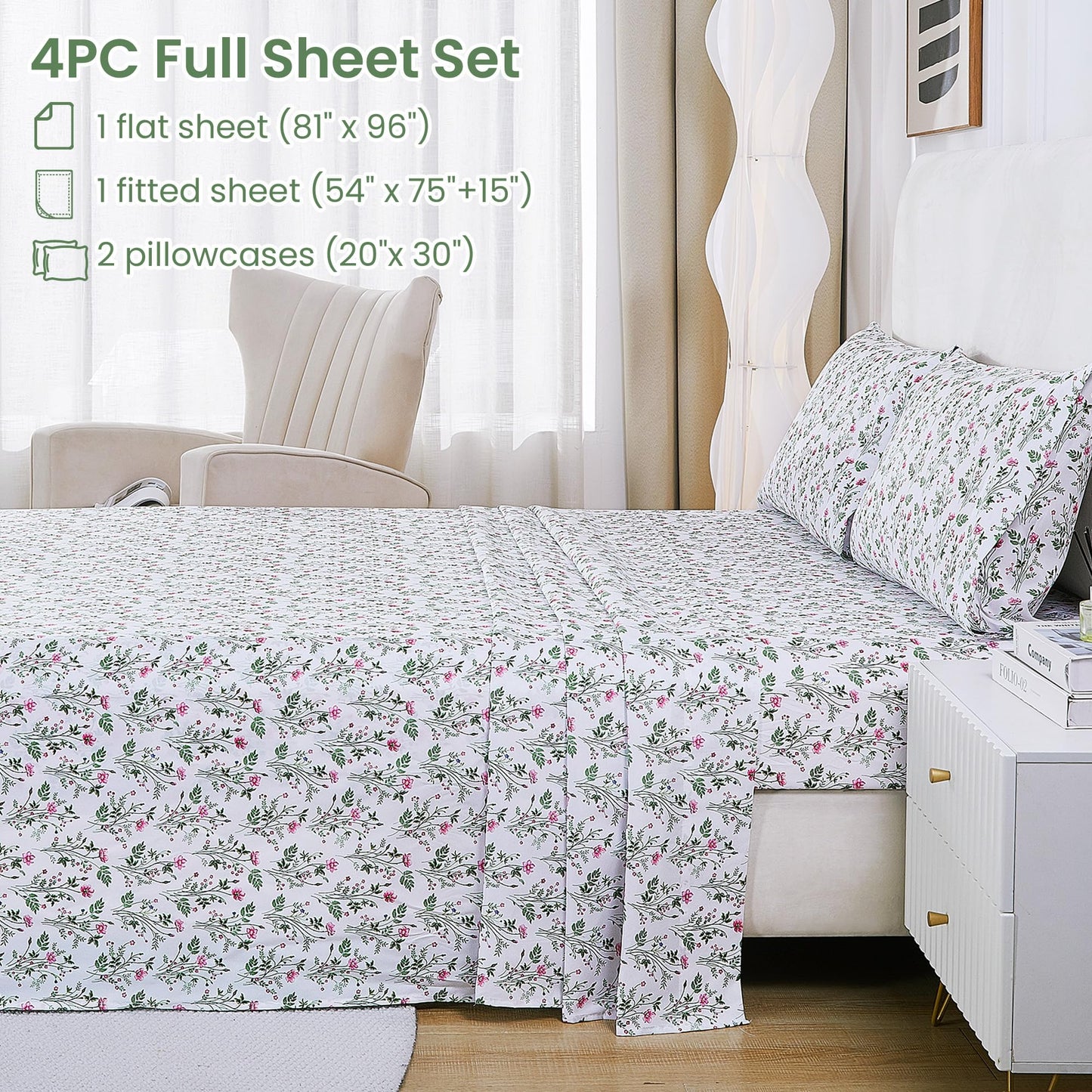 Softan Vintage Floral Full Bed Sheets, Cozy Microfiber Flower Printed Sheets with 15" Deep Pocket Fitted Sheet & Non-Slip Straps, Patterned Botanical Wildflower Sheets & Pillowcase Set